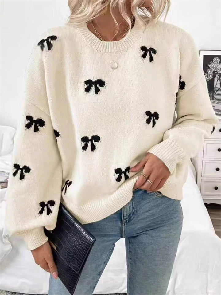 Women's Autumn Cute Bow Jacquard Pullover Long Sleeve Sweaters