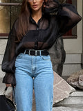French Style Black Mesh Long Sleeve Blouses for Women