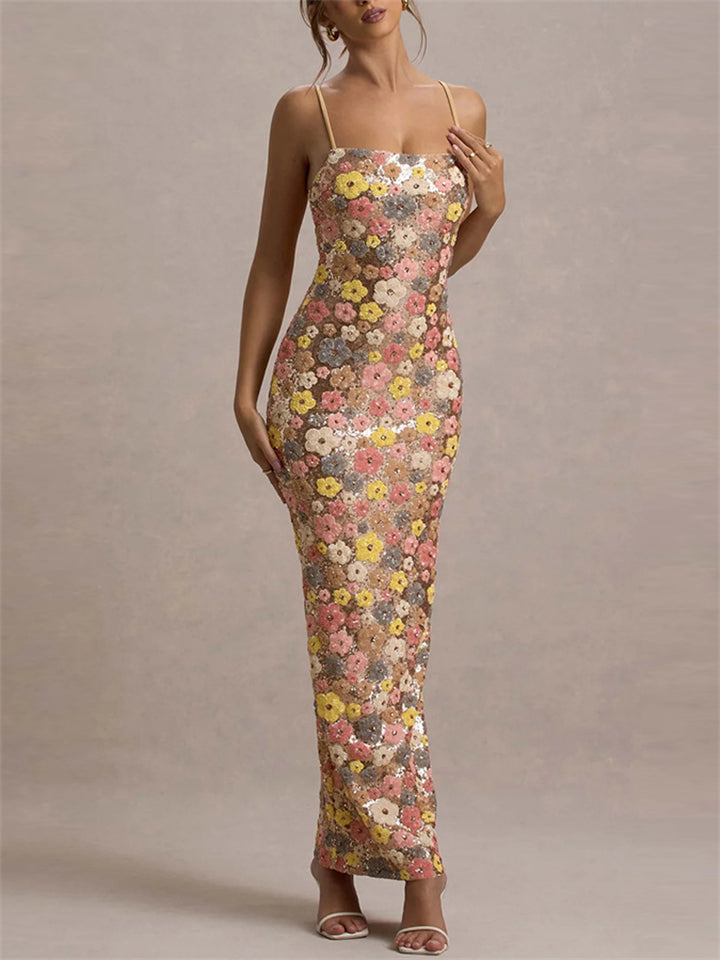 Women's Summer Flowers Patchwork Sequined Slim Fit Maxi Dress