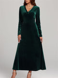 ‌Women's Elegant V-Neck Long Sleeve Velvet Maxi Dress‌