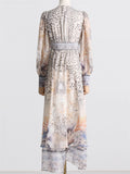 Women's Summer Long Sleeve V-Neck Leopard & Floral Print Maxi Dress