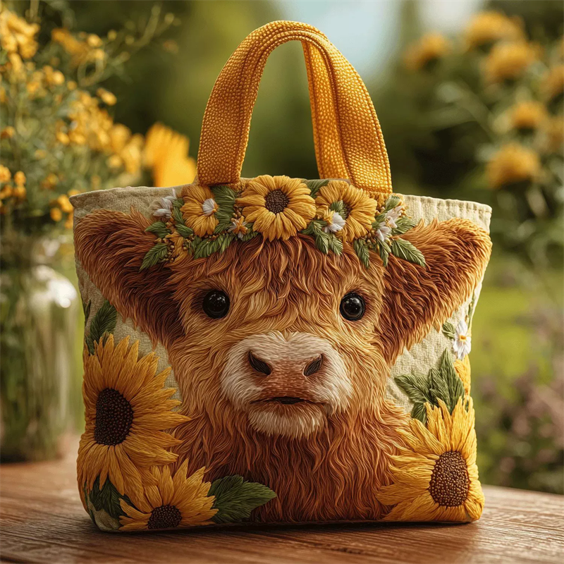 Sunflower Highland Cow Quilted Tote Bags