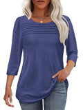 Women's Solid Color Pleated Chest Round Neck 3/4 Sleeve Shirts