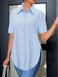 Women's Plain Button Up Curved Hem Short Sleeve Blouses