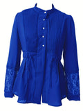 Women's Solid Color Lace Patchwork Pleated Button Up Blouses