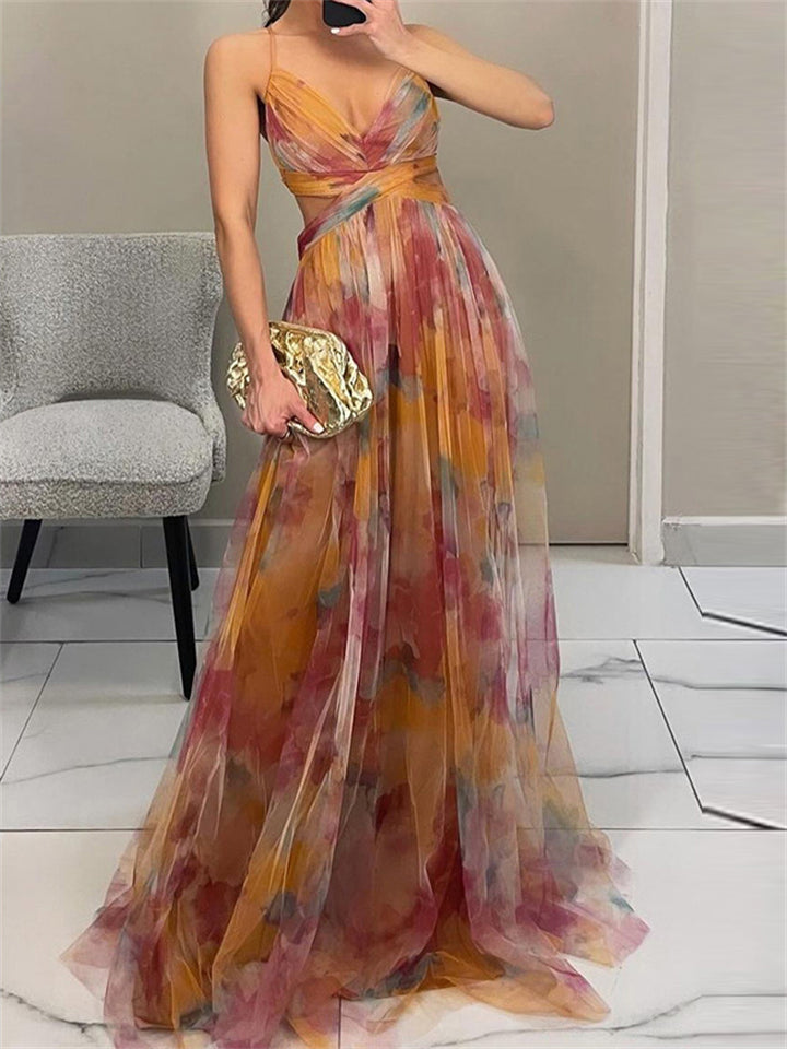 Women's Summer Mesh Spaghetti Strappy Full Length Dress