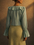 Women's Grunge Style Lace Up Ruffle Flare Sleeve V-Neck Blouses