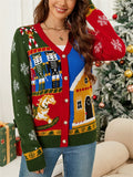 Women's Autumn Contrast Color Jacquard V Neck Cardigan Christmas Sweaters