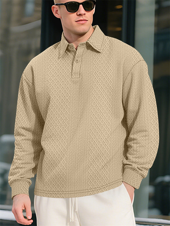 Men's American Style Solid Color Texture Jacquard Lapel Long Sleeve Sweatshirts
