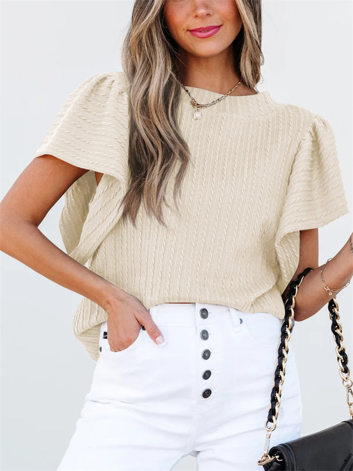 Women's Round Neck Solid Color Striped Lotus Sleeve Shirts