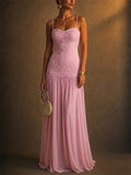 Women Elegant Lace Chiffon Spaghetti Strap Maxi Dress