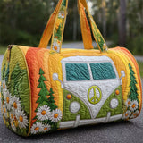 Green Hippie Van Quilted Duffle Bag with Tree and Flowers