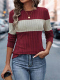 Women's Contrast Color Pit Stripe Round Neck Long Sleeve Shirt