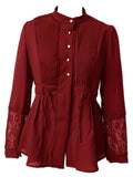 Women's Solid Color Lace Patchwork Pleated Button Up Blouses