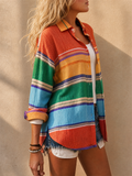 Women Colorful Striped Button Down Long Sleeve Blouses