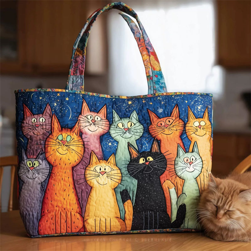 Cartoon Colorful Cats on Blue Sky Quilted Canvas Tote Bag