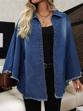 Blue Zip up 3/4 Sleeve Fringed Denim Jacket for Women Casual Streetwear‌