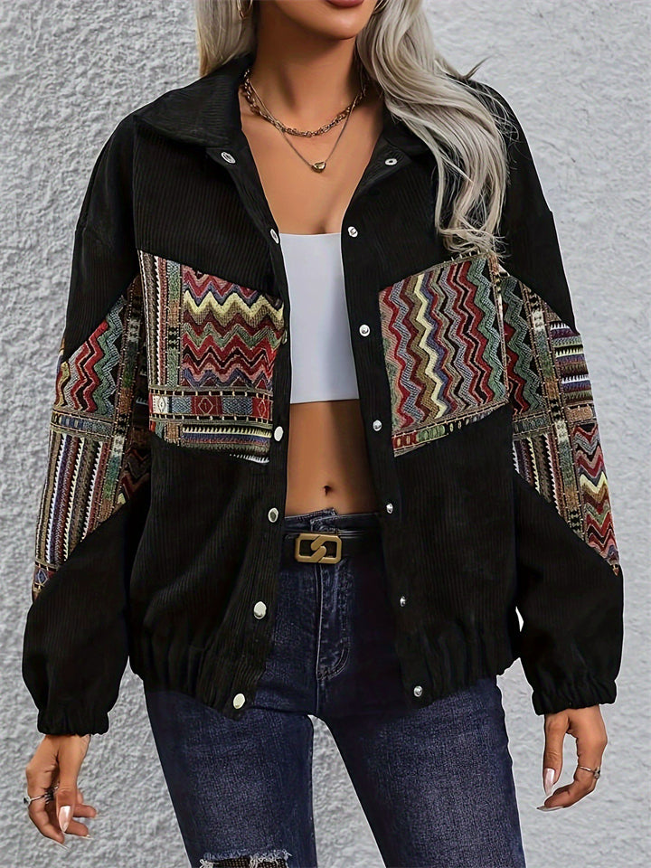 Women's Autumn Ethnic Style Patchwork Button Up Black Cardigan Jackets
