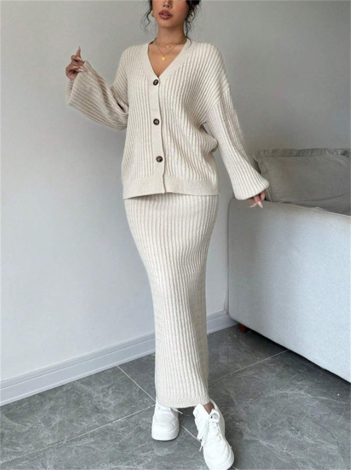 Women's Grunge Style V-Neck Button Up Cardigan Top and Midi Dress Set