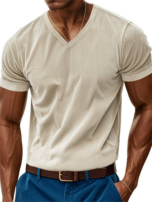 Male's Summer Simple Solid Color Corduroy V Neck Short Sleeve Shirts