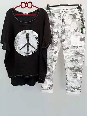 Women's Summer Round Neck Loose Thin T-shirt + Camouflage Pants