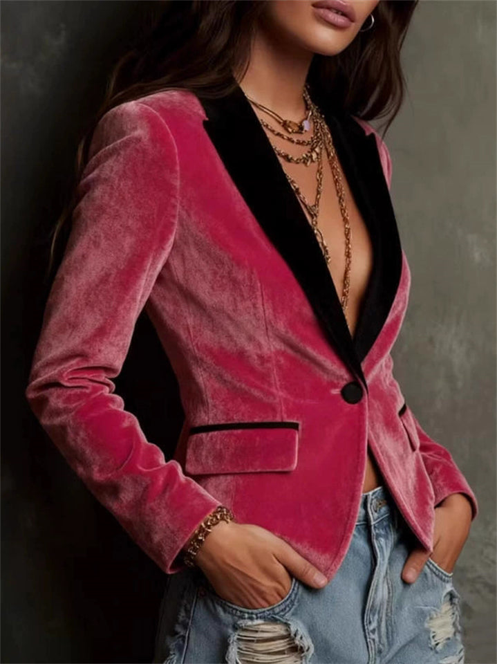Pink Contrast Collar Velvet Single Breasted Blazer for Women