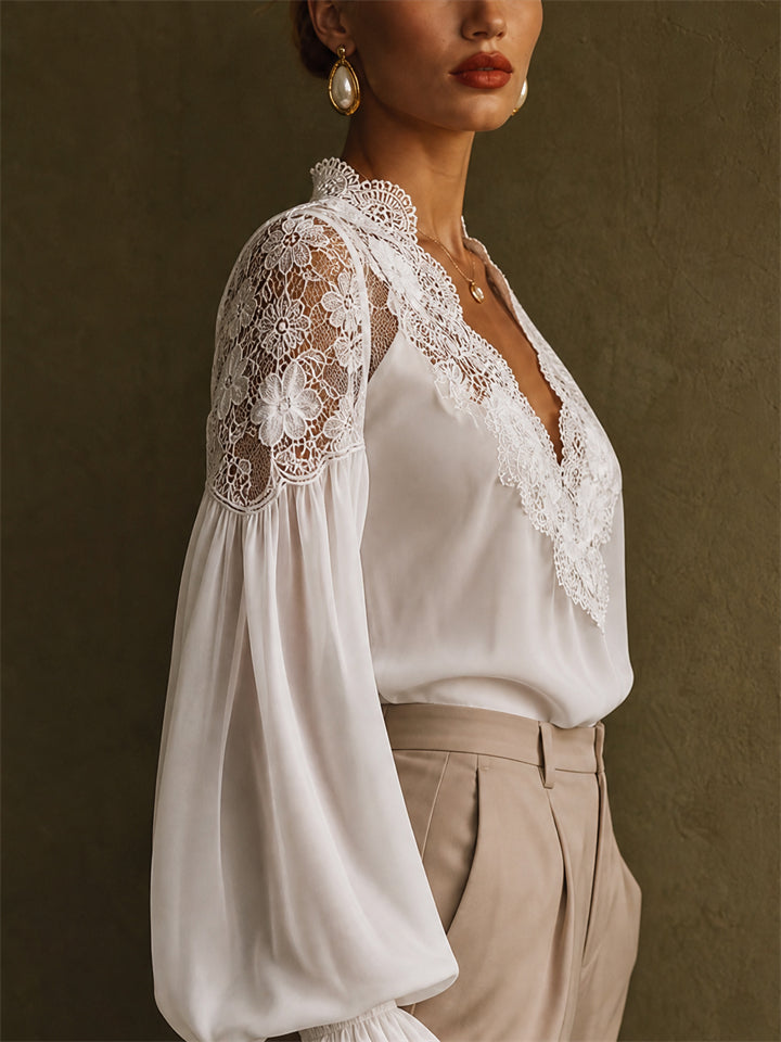 Womens Lace V Neck Lantern Sleeve Boho Ruffle Blouse