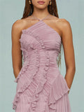 Women's Elegant Solid Color Ruffled Pleated Halter Evening Dress