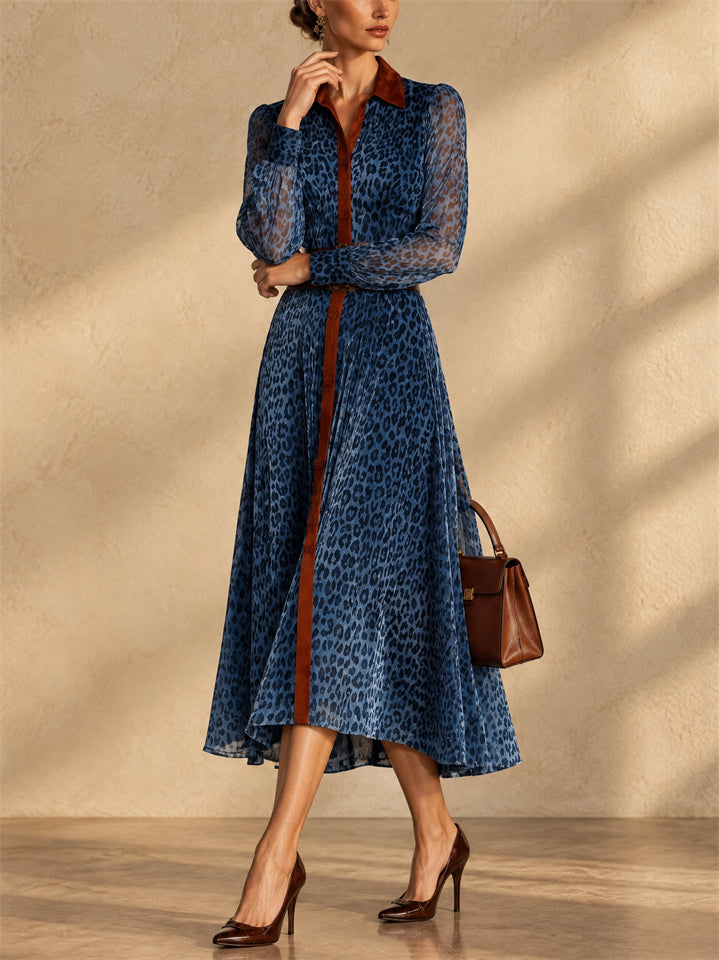 Elegant Leopard Print Contrast Trim Long Shirt Dress for Women