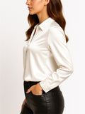 Ladies' White V Neck Button Up Pockets Long Sleeve Satin Blouses