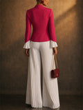 Women 2 Piece White Ruffle Blazer and Pleated Wide Leg Pants Set