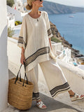 Women's 2pcs Summer Contrast Color Stripe Short Sleeve Top & Pants Set