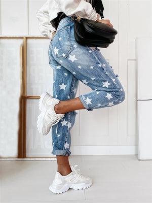 Casual Star Print Ripped Blue Jeans for Women