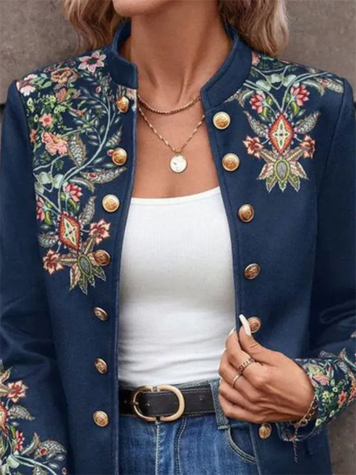 Women's Plants Printed Double-breasted Long Sleeve Cardigan Jackets