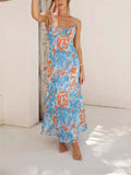 Female Spaghetti Strap French Style Printed Low-cut Dress