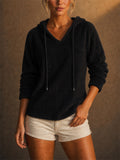 Women Fuzzy V Neck Soft Cozy Pullover Hoodie Top