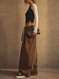 Women Baggy Wide Leg Pleated Trousers Oversized Brown Pants