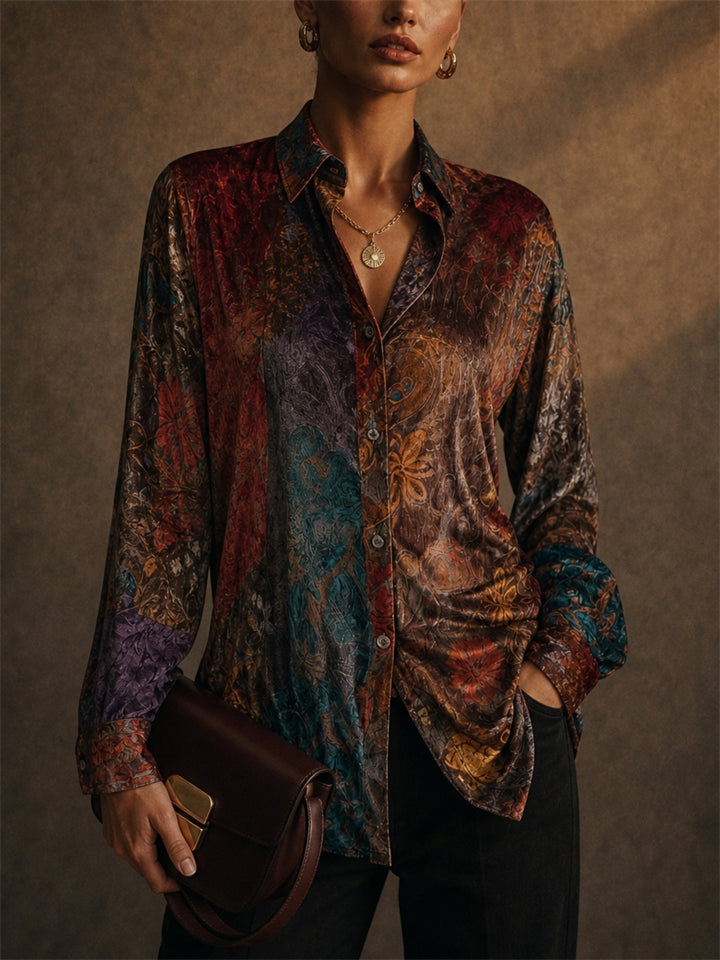 Women Vintage Floral Print Long Sleeve Button Down Blouse