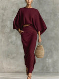 Women's Boho Casual Wear 2 Piece Set Bell Sleeve Crop Top and Draped Skirt Set