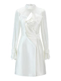 Women's White Long Sleeve Semi High Neck Patchwork Dress