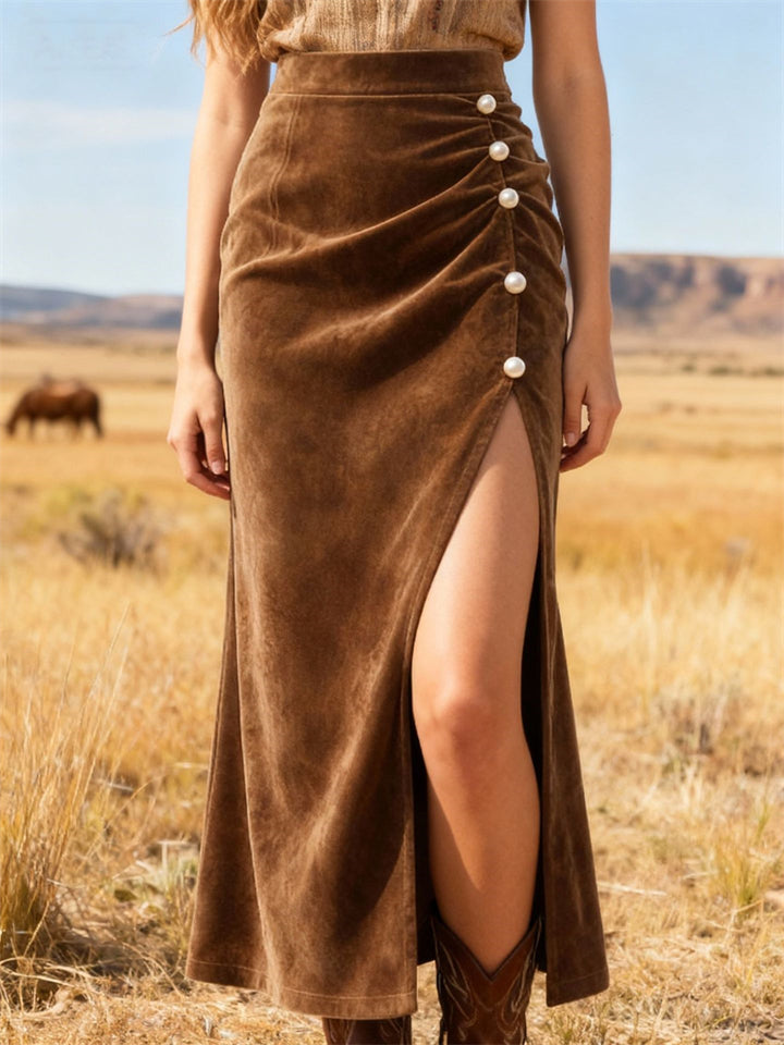 ‌Autumn Elegant High Waist Button Suede Split Skirt for Women‌