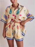 Women's 2pcs Casual Cartoon Print Button Up Short Sleeve Top & Pants Set