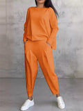 Women's 2Pcs Solid Color Sabrina Neck  Long Sleeve Top & Pockets Pants Set
