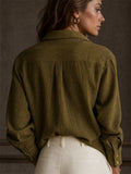 Women Olive Green Patchwork Textured Button Down Long Sleeve Shirt