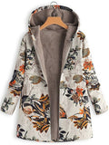 Women's Vintage Leaves Printed Fleeced Lining Hooded Coats
