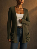 Women Ribbed Knit Open Front Cardigan with Pleated Pockets