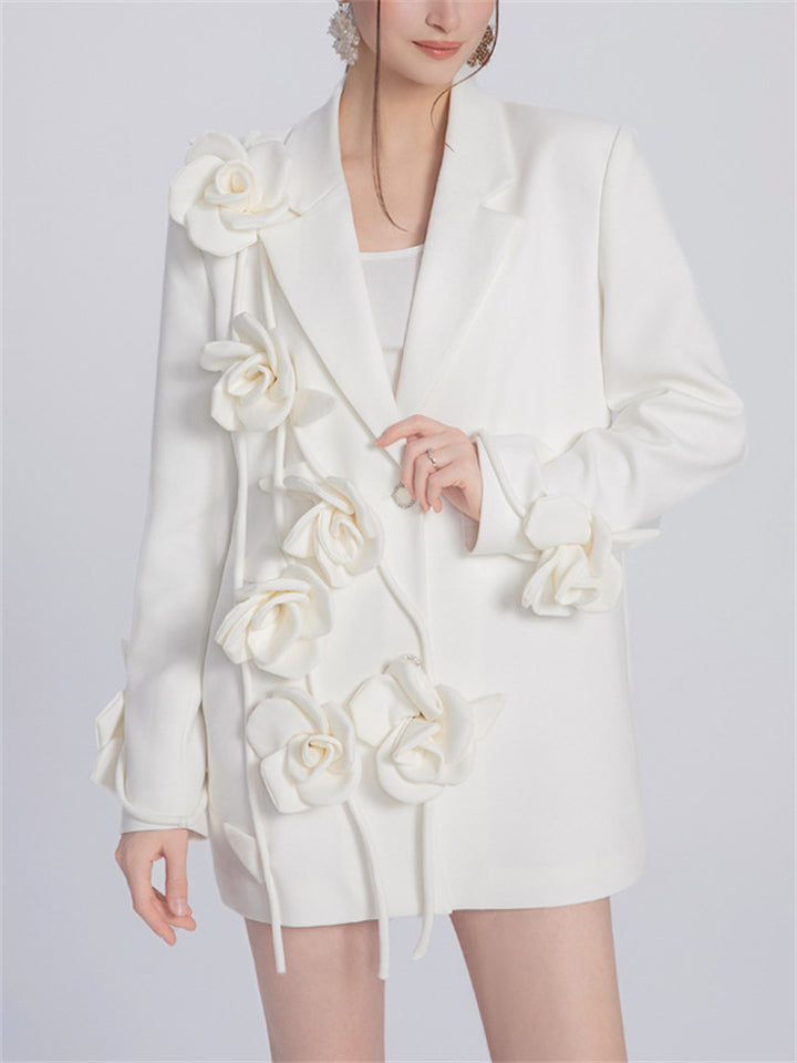 Ladies Elegant White Trendy 3D Flower Long Sleeve Suit Coat
