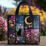 ‌Women's Quilted Floral Cat Moon Tote Bag