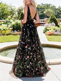 Women's French Style Deep V Neck Backless Embroidery Black Dress