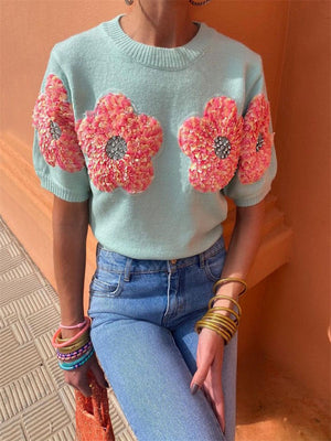 Women's Beautiful Floral Crew Neck Short Sleeve Knit Sweater